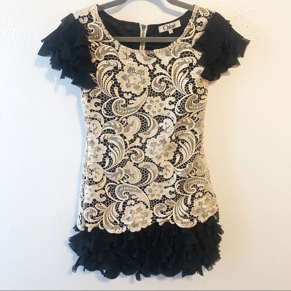 Chloe 100% silk ruffled lace mini dress size 4 - Picture 1 of 8